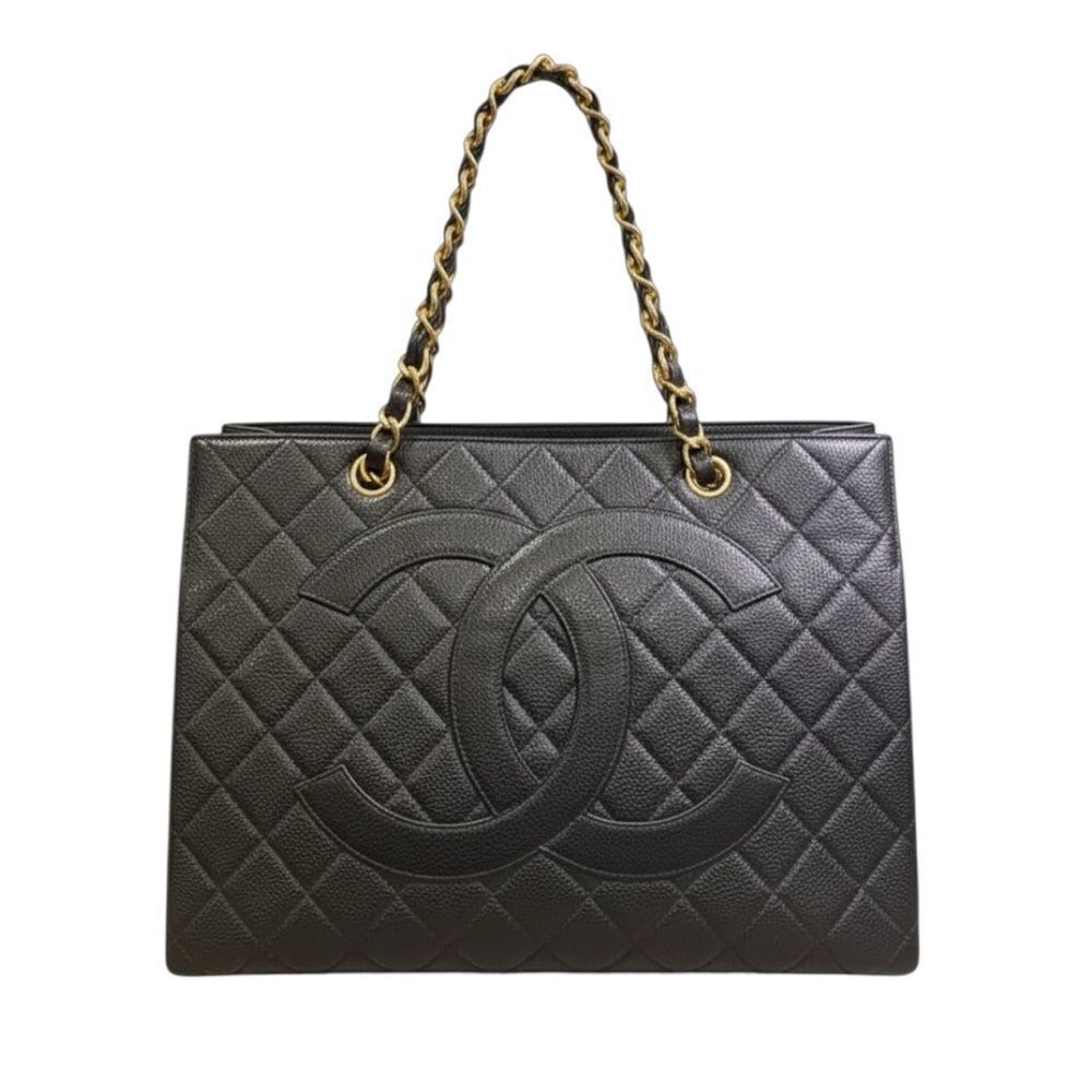 CHANEL Black Quilted Caviar Skin Grand Shopping Tote (GST) CC Logo Auth